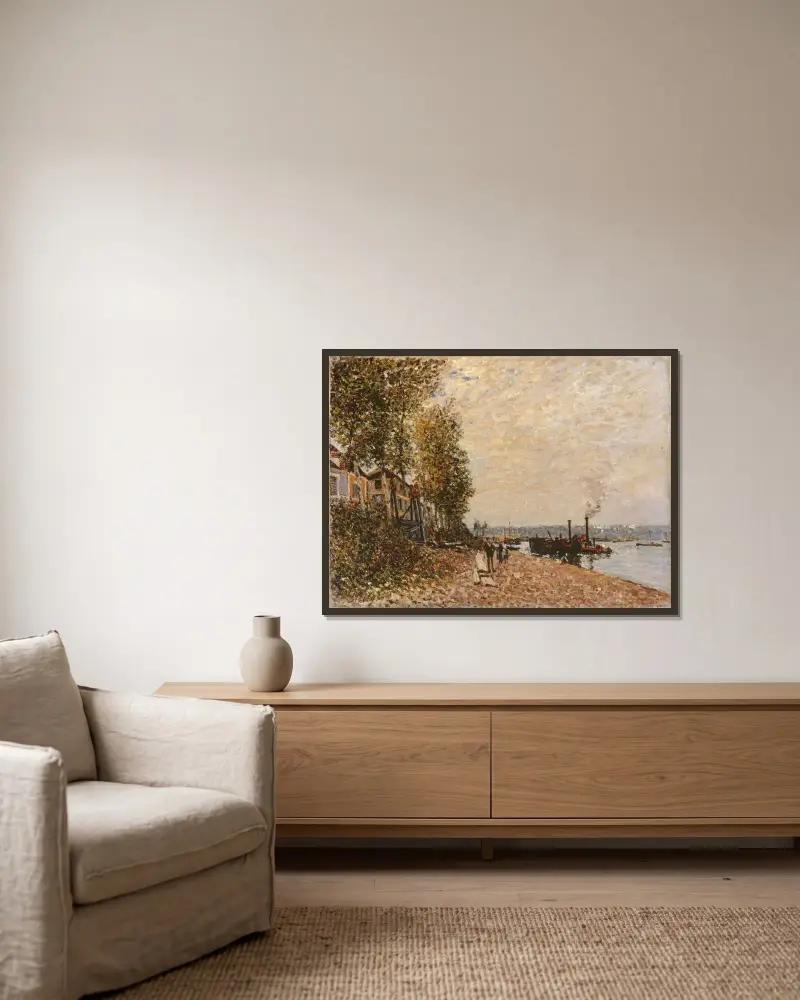 Bogserbåten, Loing vid Saint-Mammès av Alfred Sisley inramad på en vägg