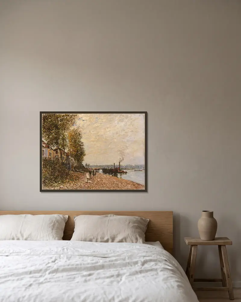 Bogserbåten, Loing vid Saint-Mammès av Alfred Sisley inramad på en vägg