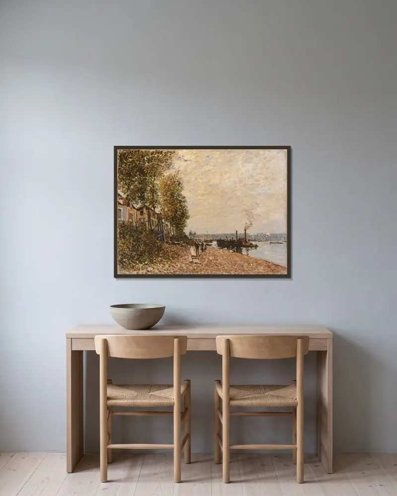 Bogserbåten, Loing vid Saint-Mammès av Alfred Sisley inramad på en vägg