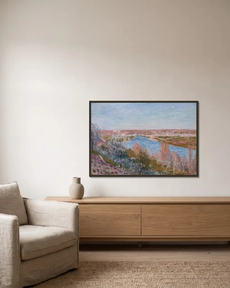Byn Champagne vid solnedgången, april av Alfred Sisley inramad på en vägg