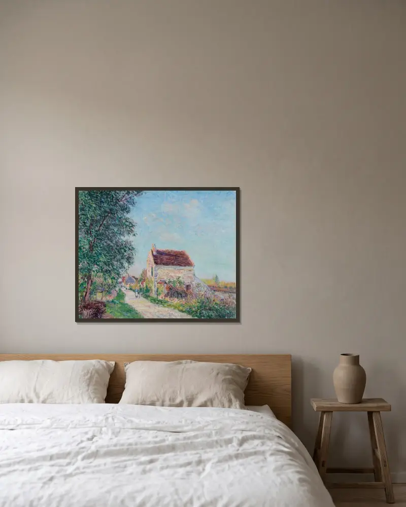 Byn Les Sablons nära Veneux-Nadon av Alfred Sisley inramad på en vägg