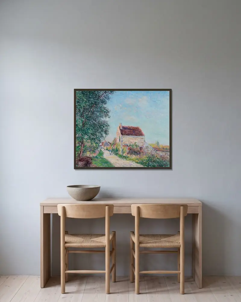 Byn Les Sablons nära Veneux-Nadon av Alfred Sisley inramad på en vägg