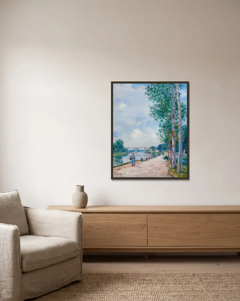 Loings strand nära Moret av Alfred Sisley inramad på en vägg