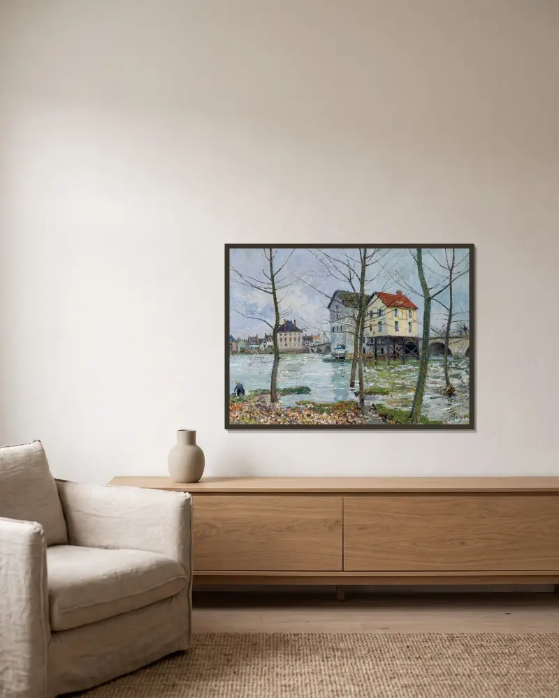 Kvarnarna i Moret – vinter av Alfred Sisley inramad på en vägg