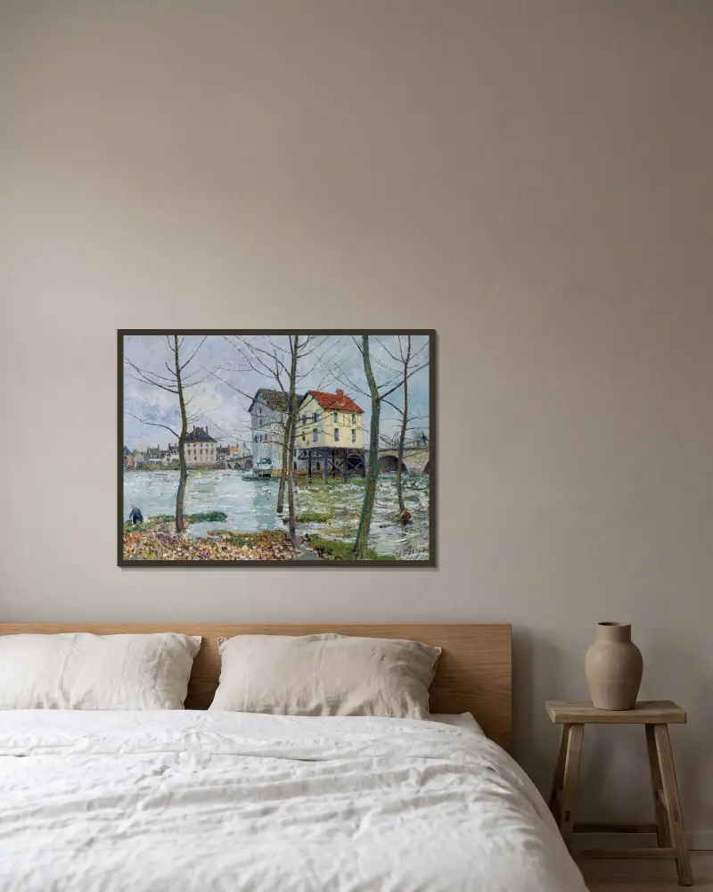 Kvarnarna i Moret – vinter av Alfred Sisley inramad på en vägg