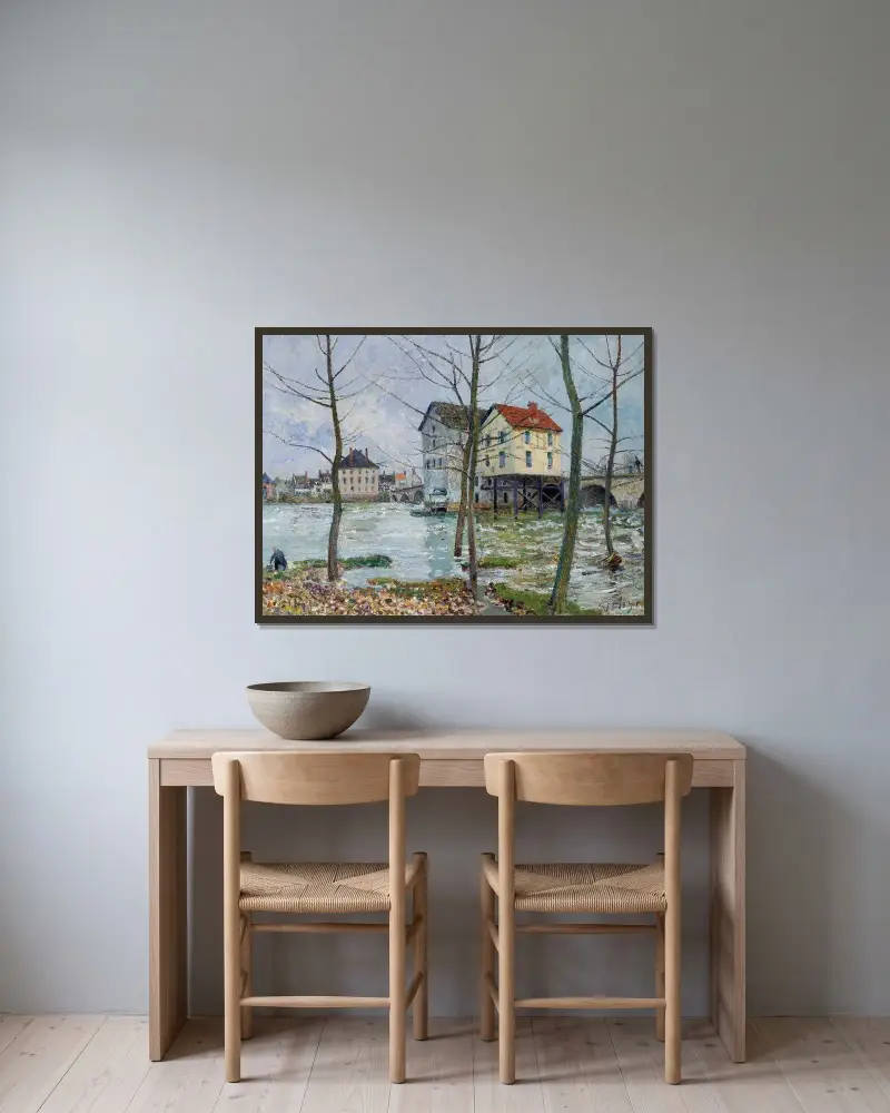 Kvarnarna i Moret – vinter av Alfred Sisley inramad på en vägg