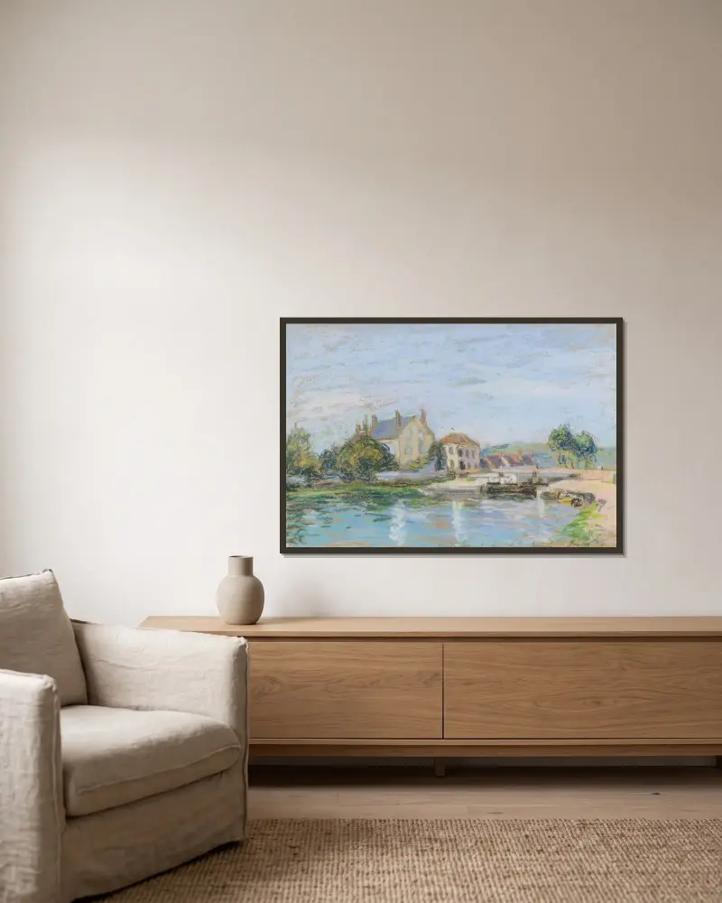 Hus vid Gazonne-slussen av Alfred Sisley inramad på en vägg