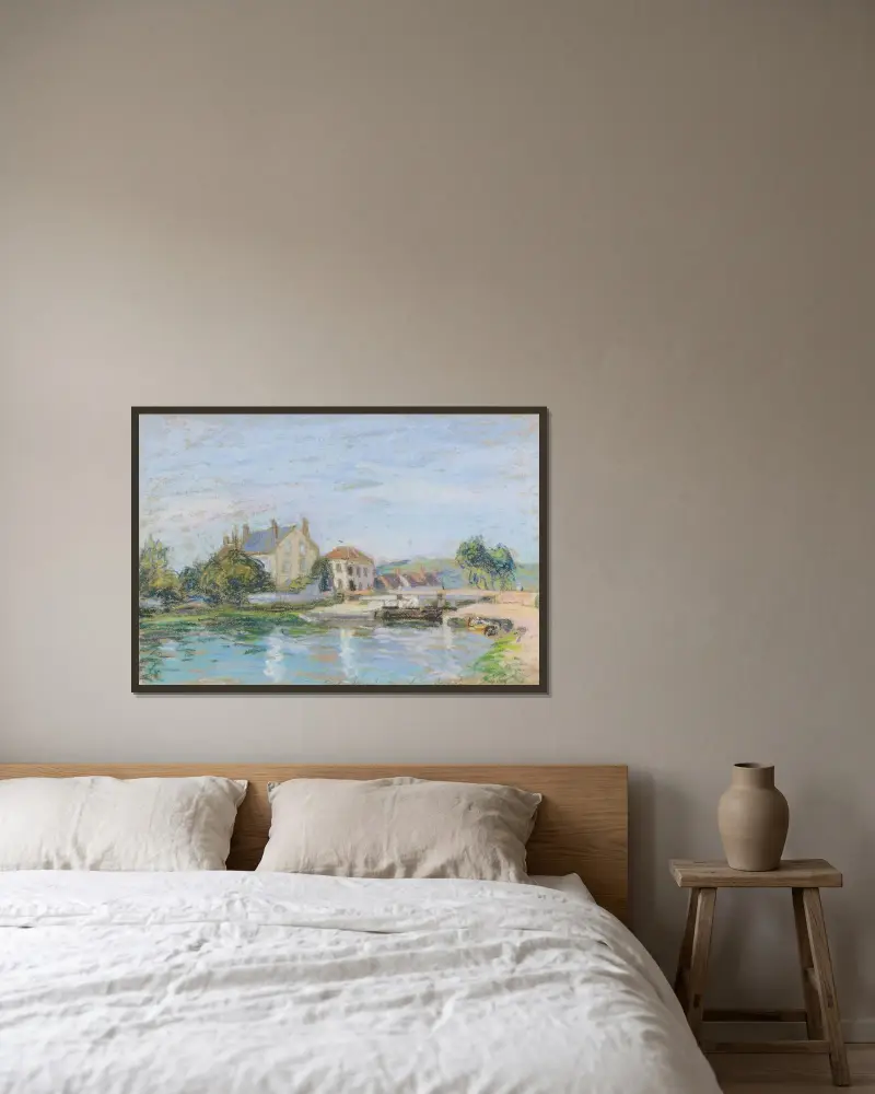 Hus vid Gazonne-slussen av Alfred Sisley inramad på en vägg