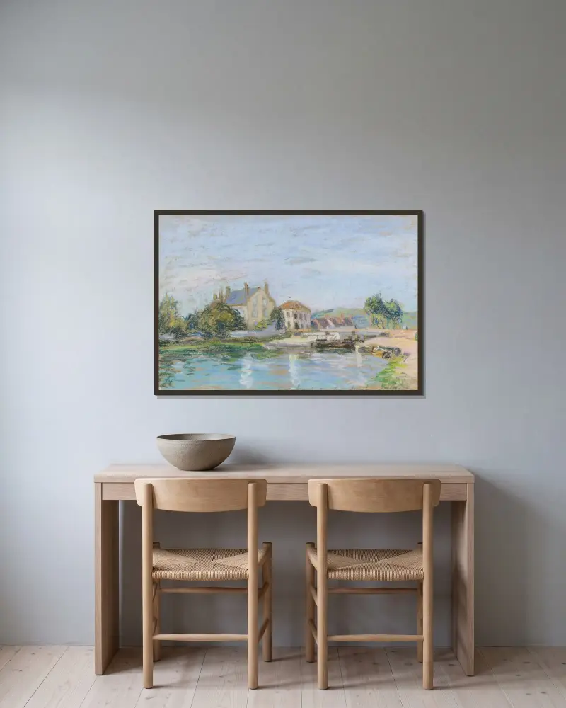 Hus vid Gazonne-slussen av Alfred Sisley inramad på en vägg