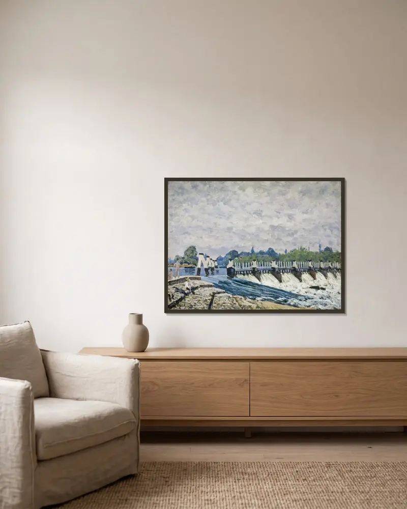 Dammen vid Molesey, Hampton Court av Alfred Sisley inramad på en vägg
