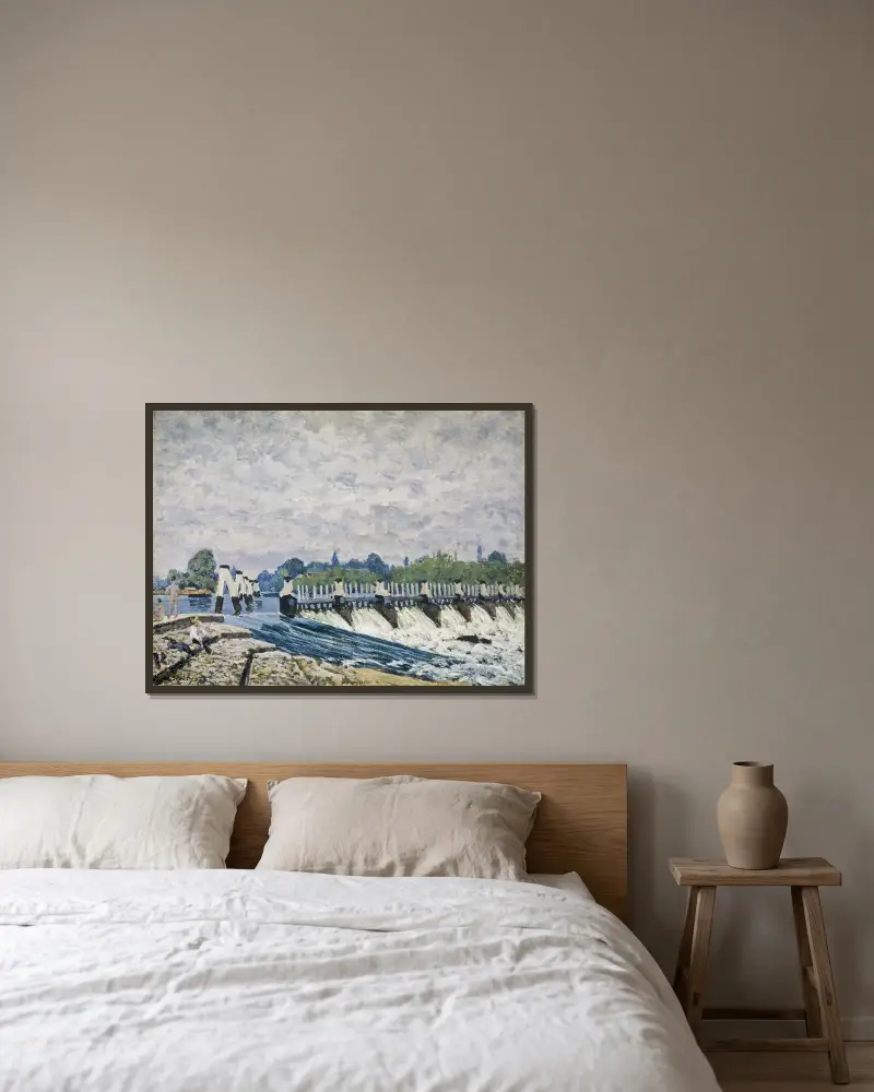 Dammen vid Molesey, Hampton Court av Alfred Sisley inramad på en vägg