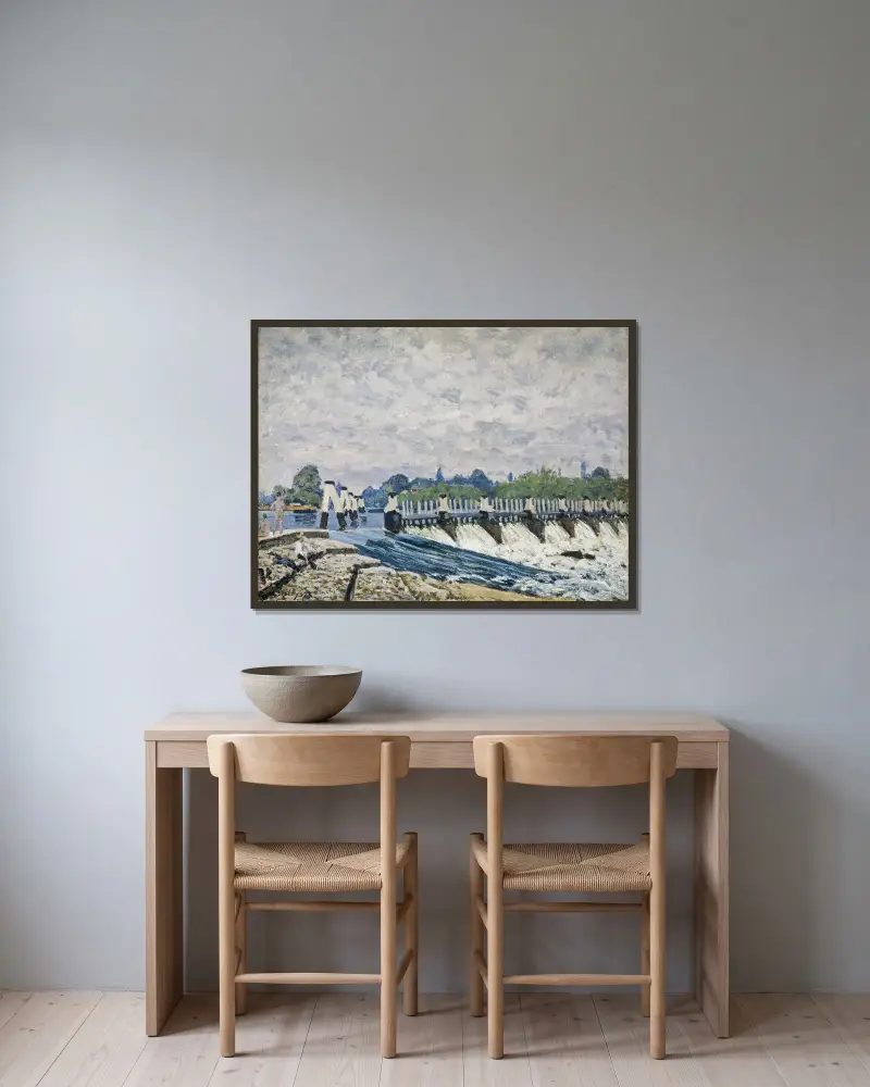 Dammen vid Molesey, Hampton Court av Alfred Sisley inramad på en vägg