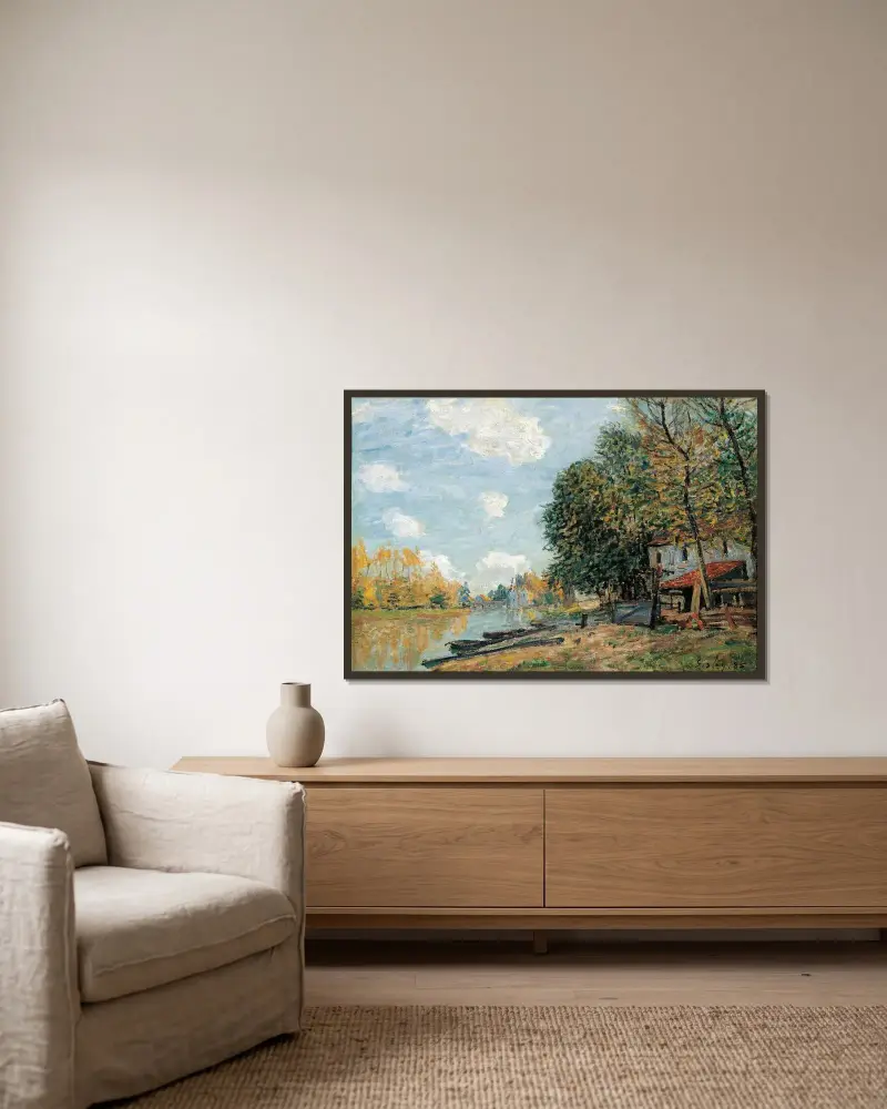 Moret – stranden vid floden Loing av Alfred Sisley inramad på en vägg