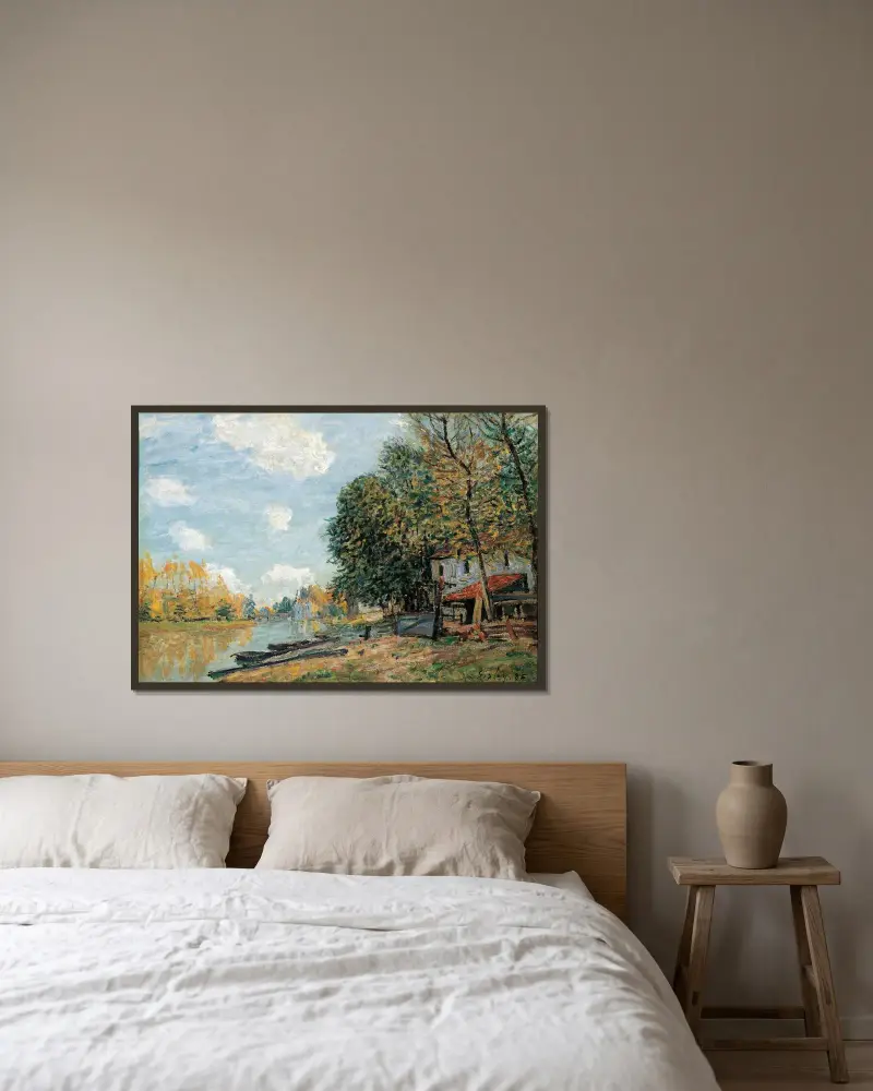 Moret – stranden vid floden Loing av Alfred Sisley inramad på en vägg