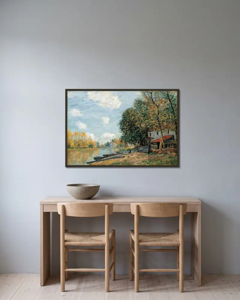 Moret – stranden vid floden Loing av Alfred Sisley inramad på en vägg