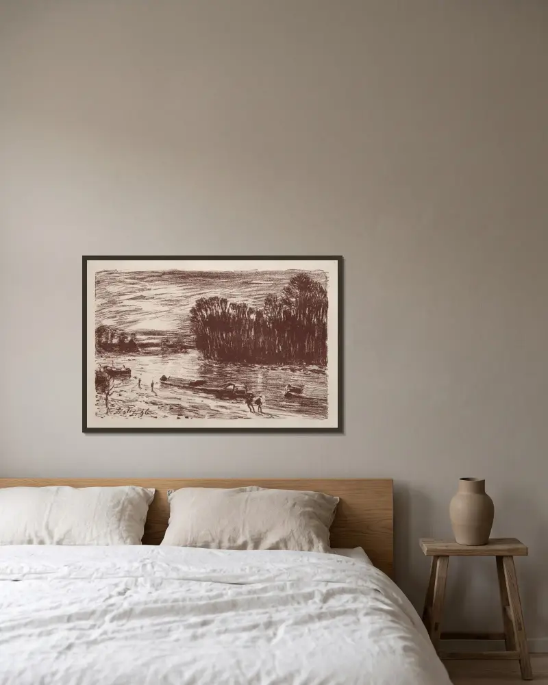 Vid Loings strand av Alfred Sisley inramad på en vägg