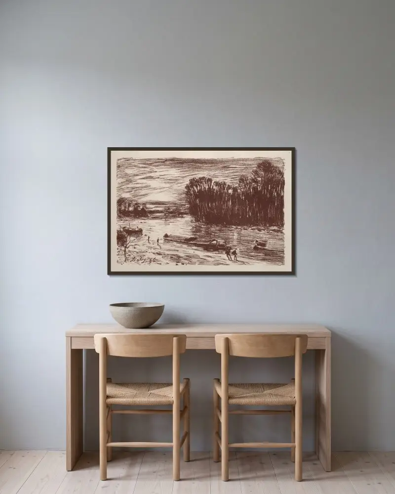 Vid Loings strand av Alfred Sisley inramad på en vägg