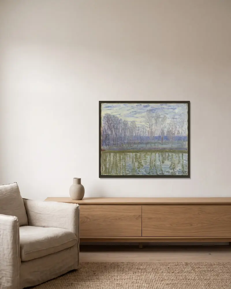 På Loings stränder av Alfred Sisley inramad på en vägg