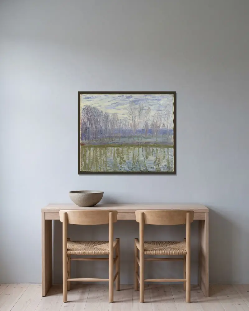 På Loings stränder av Alfred Sisley inramad på en vägg