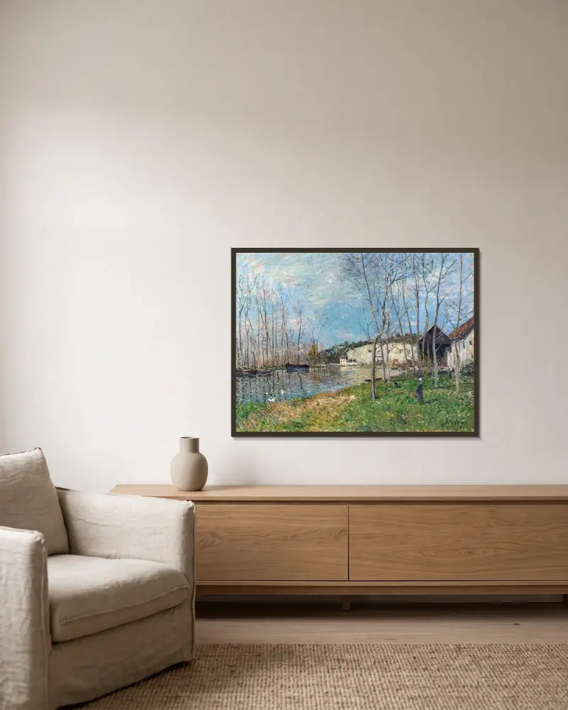 Printemps au bord du Loing av Alfred Sisley inramad på en vägg