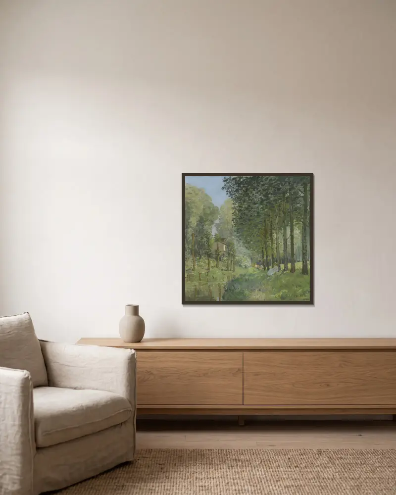 Rast am Bach. Am Waldrand von Alfred Sisley gerahmt an einer Wand