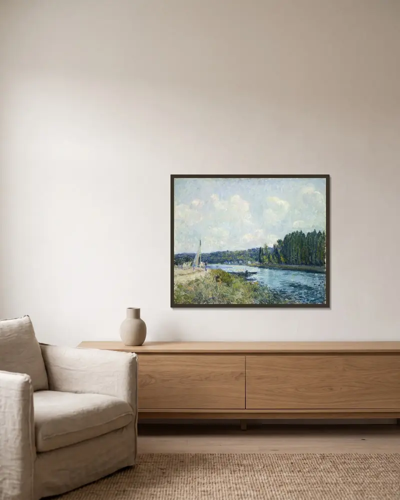 Oise-stranden av Alfred Sisley inramad på en vägg