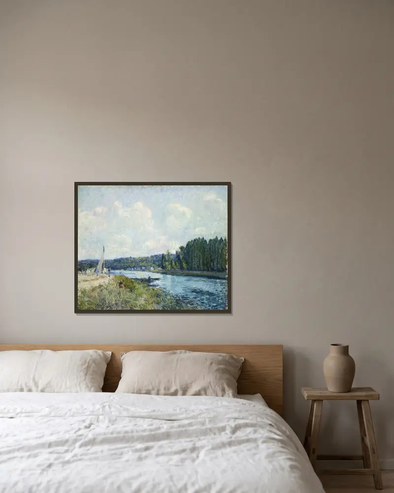 Oise-stranden av Alfred Sisley inramad på en vägg