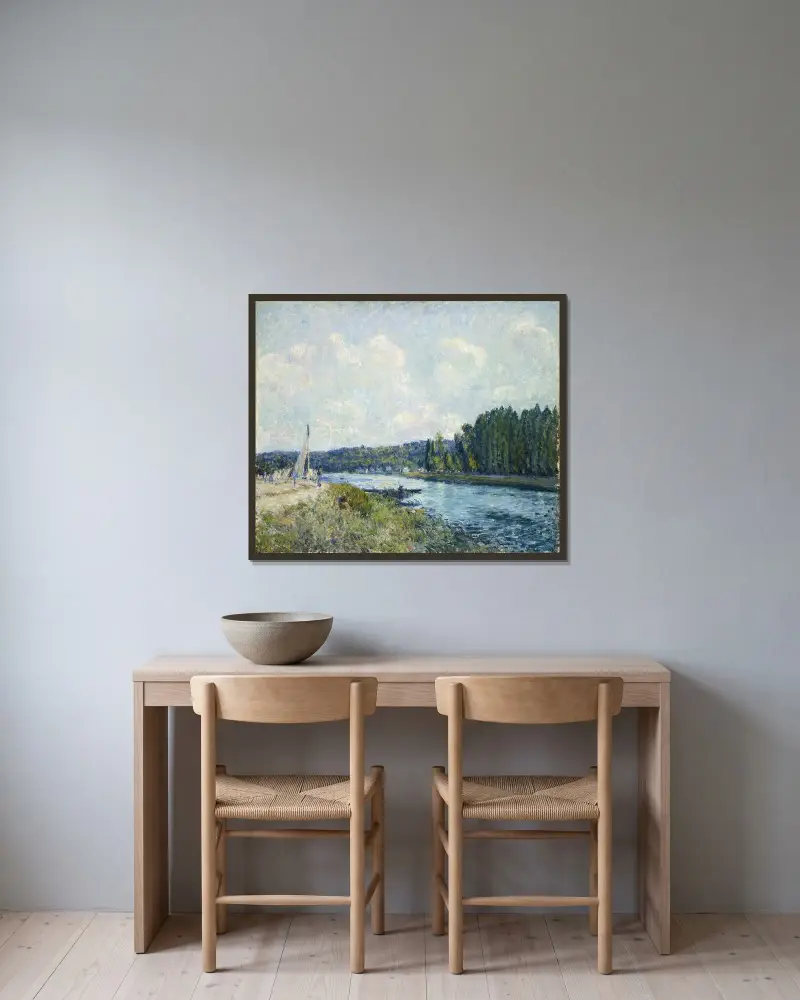 Oise-stranden av Alfred Sisley inramad på en vägg