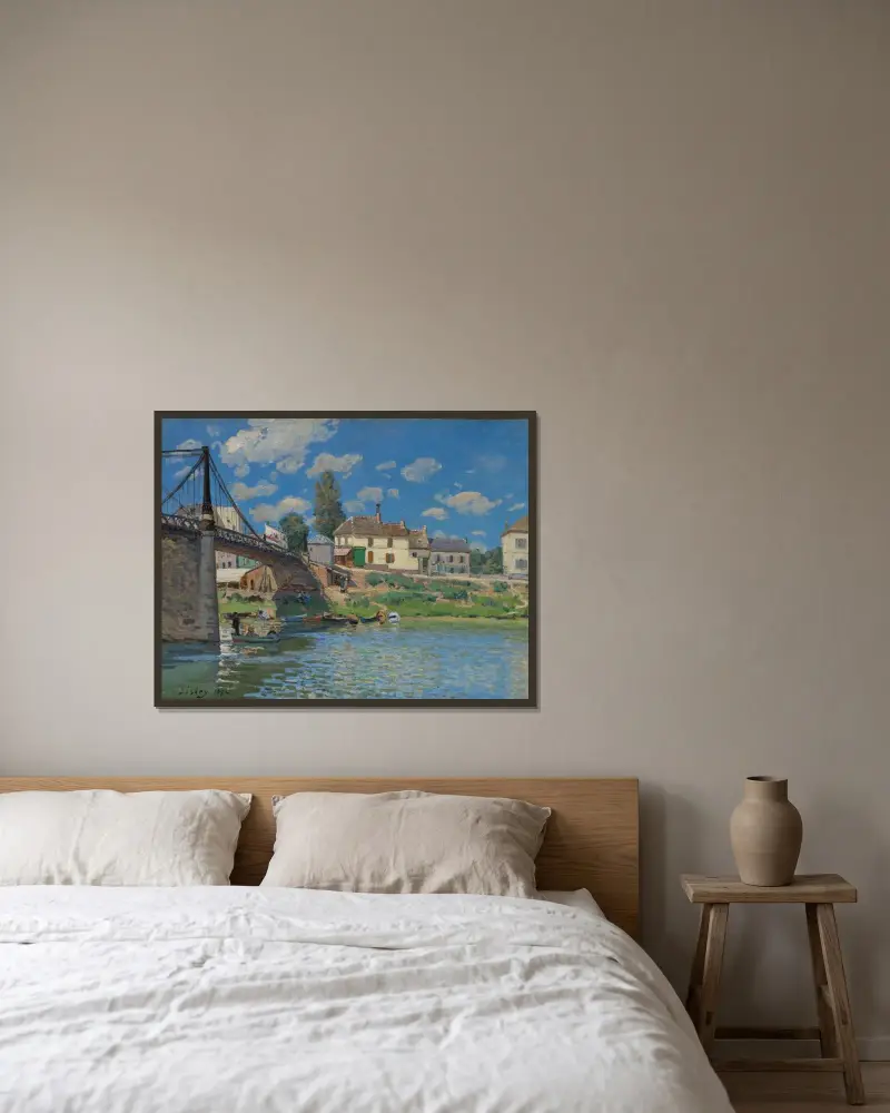 Bron vid Villeneuve-la-Garenne av Alfred Sisley inramad på en vägg