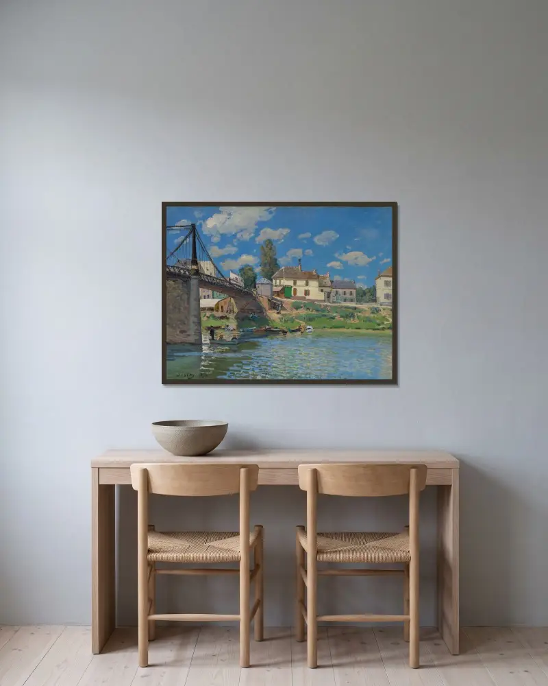 Bron vid Villeneuve-la-Garenne av Alfred Sisley inramad på en vägg