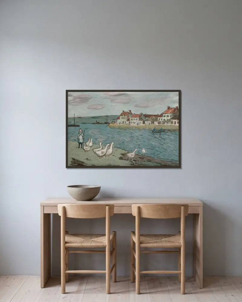 Das Flussufer oder Gänse von Alfred Sisley gerahmt an einer Wand