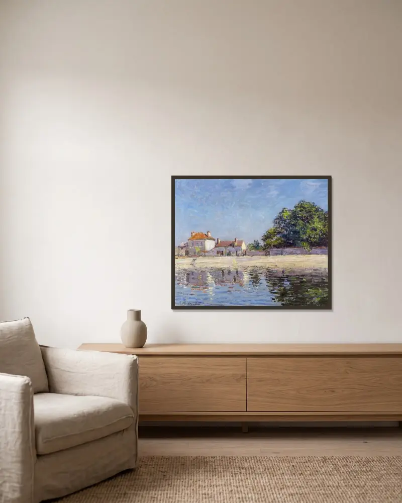 Loing vid Saint-Mammès av Alfred Sisley inramad på en vägg
