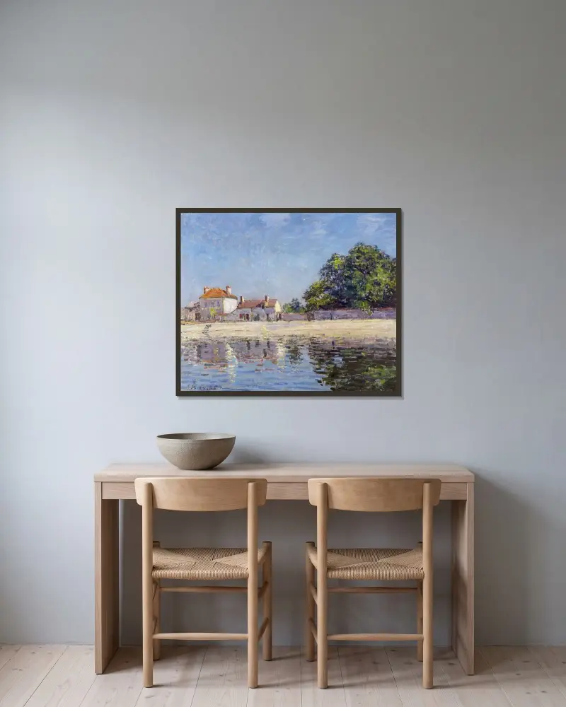 Loing vid Saint-Mammès av Alfred Sisley inramad på en vägg