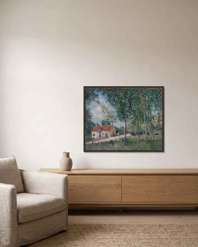 Vägen från Moret till Saint-Mammès av Alfred Sisley inramad på en vägg