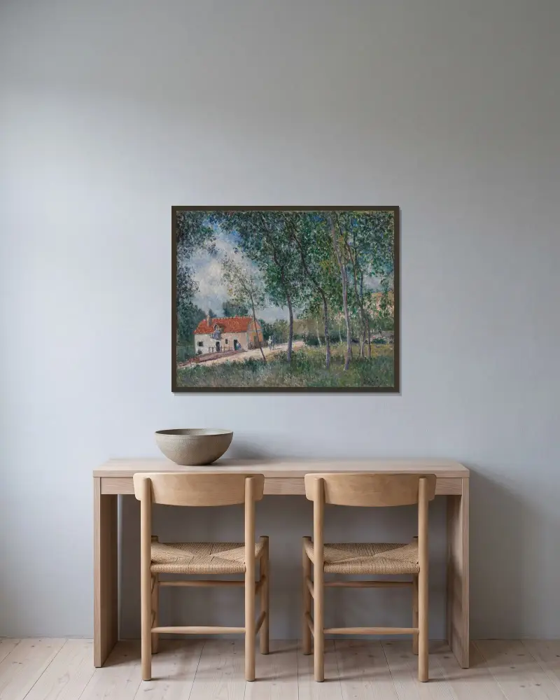 Vägen från Moret till Saint-Mammès av Alfred Sisley inramad på en vägg