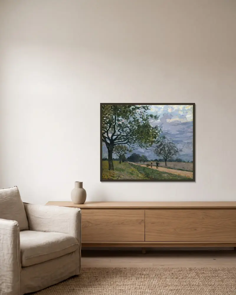 Die Straße von Versailles nach Louveciennes von Alfred Sisley gerahmt an einer Wand