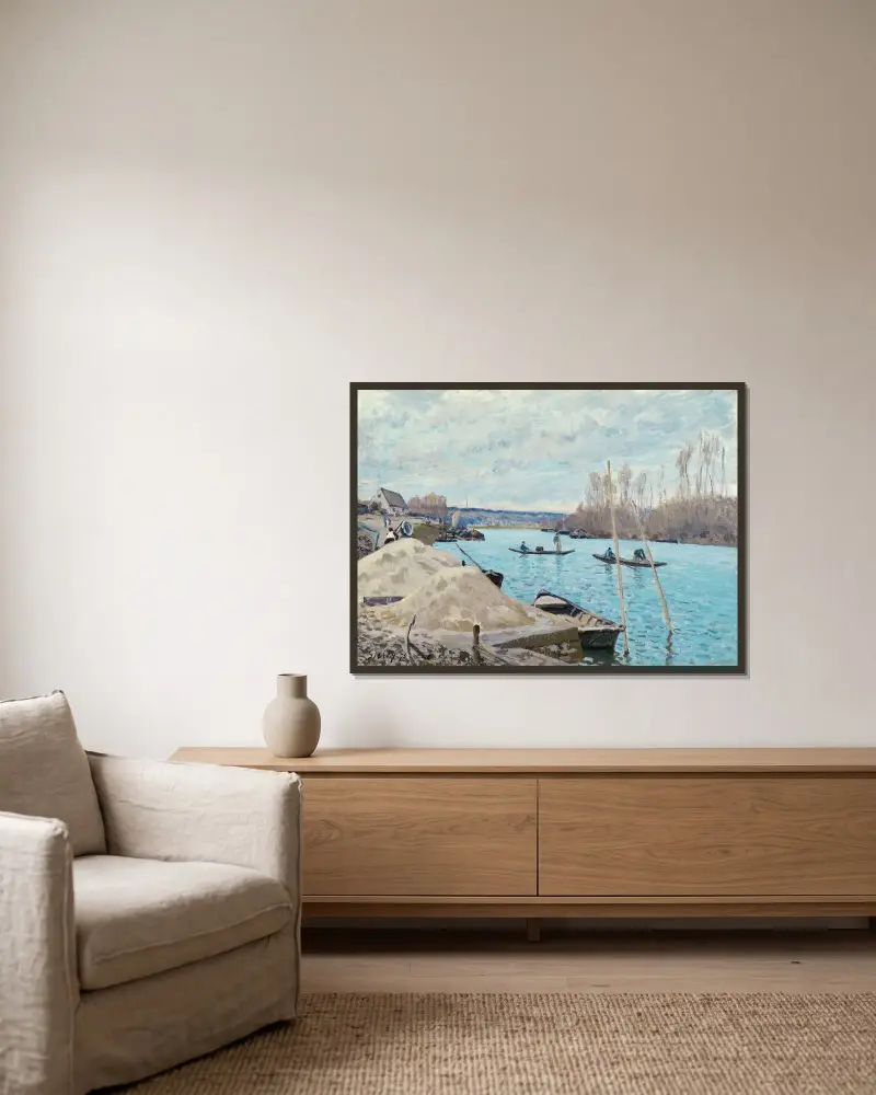 Seine vid Port-Marly, sandhögar av Alfred Sisley inramad på en vägg