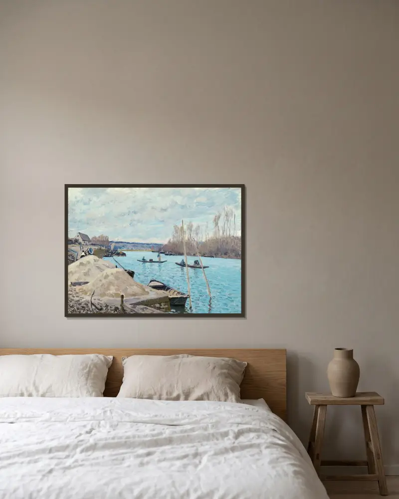 Seine vid Port-Marly, sandhögar av Alfred Sisley inramad på en vägg