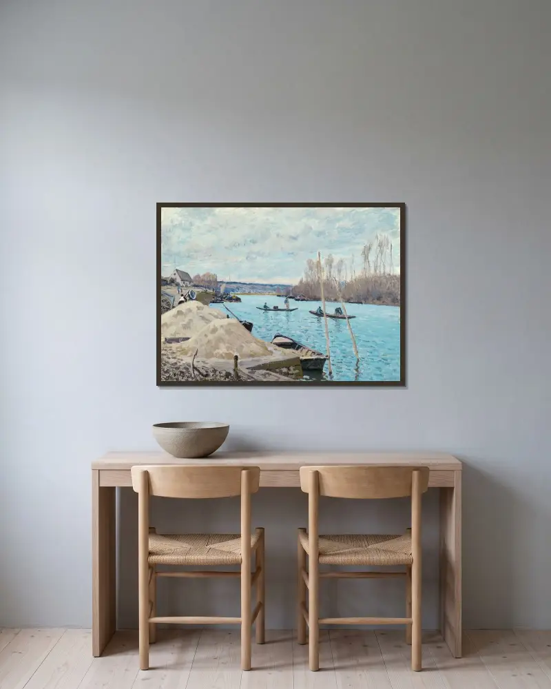 Seine vid Port-Marly, sandhögar av Alfred Sisley inramad på en vägg