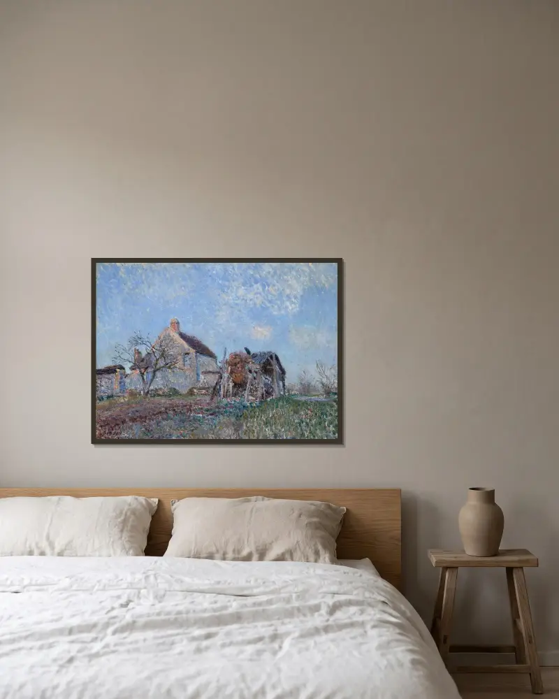 Gammal stråtäckt stuga vid Sablons, omgivningarna kring Veneux-Nadon av Alfred Sisley inramad på en vägg