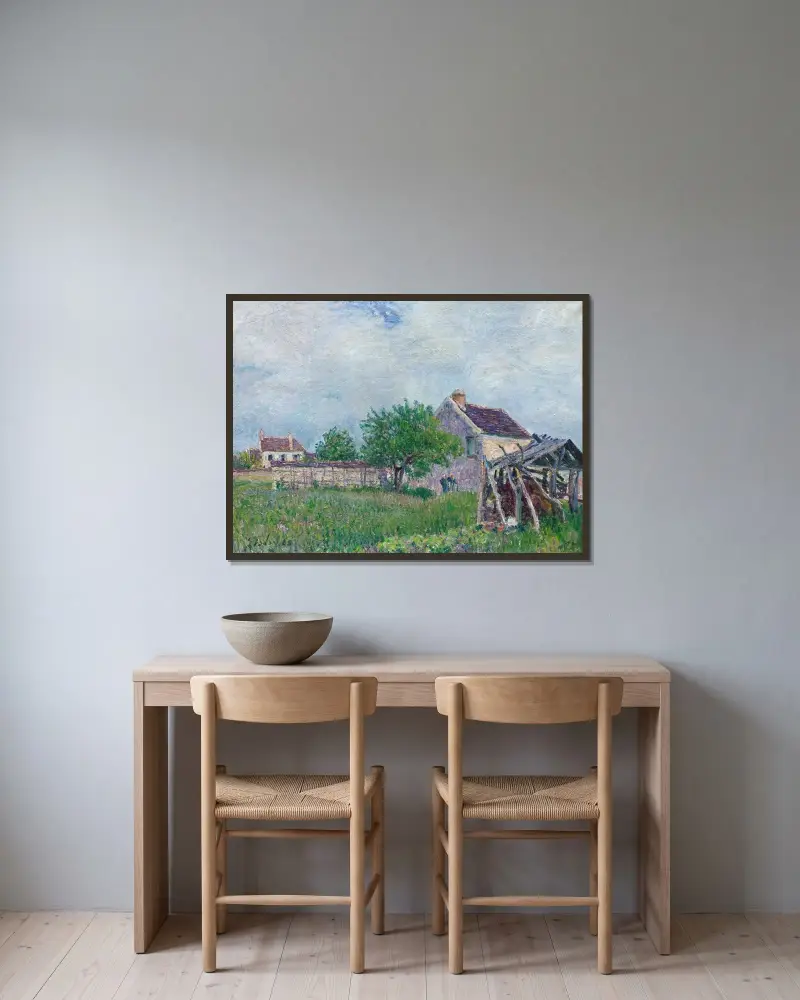 Altes Landhaus in Sablons von Alfred Sisley gerahmt an einer Wand