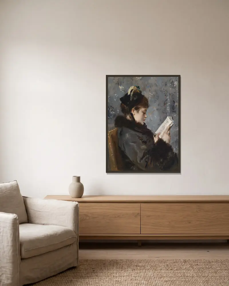 Porträtt av en ung dam av Alfred Stevens inramad på en vägg