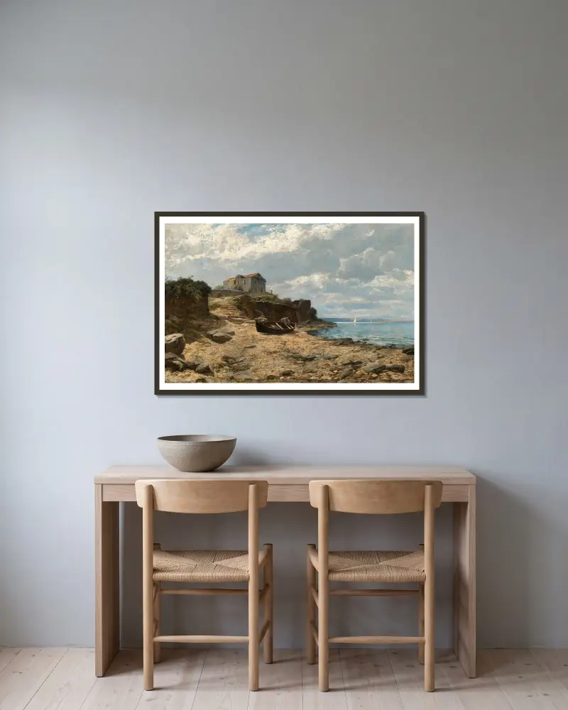 Fiskare på stranden vid Valascu av Alfred Zoff inramad på en vägg