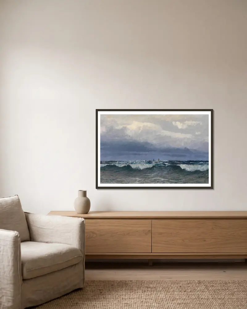 Meeresbrandung mit Segelschiffen von Alfred Zoff gerahmt an einer Wand