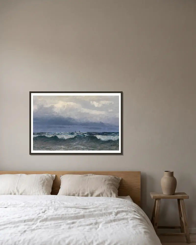 Meeresbrandung mit Segelschiffen von Alfred Zoff gerahmt an einer Wand