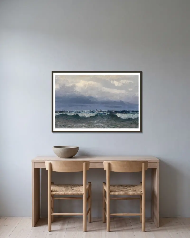 Meeresbrandung mit Segelschiffen von Alfred Zoff gerahmt an einer Wand