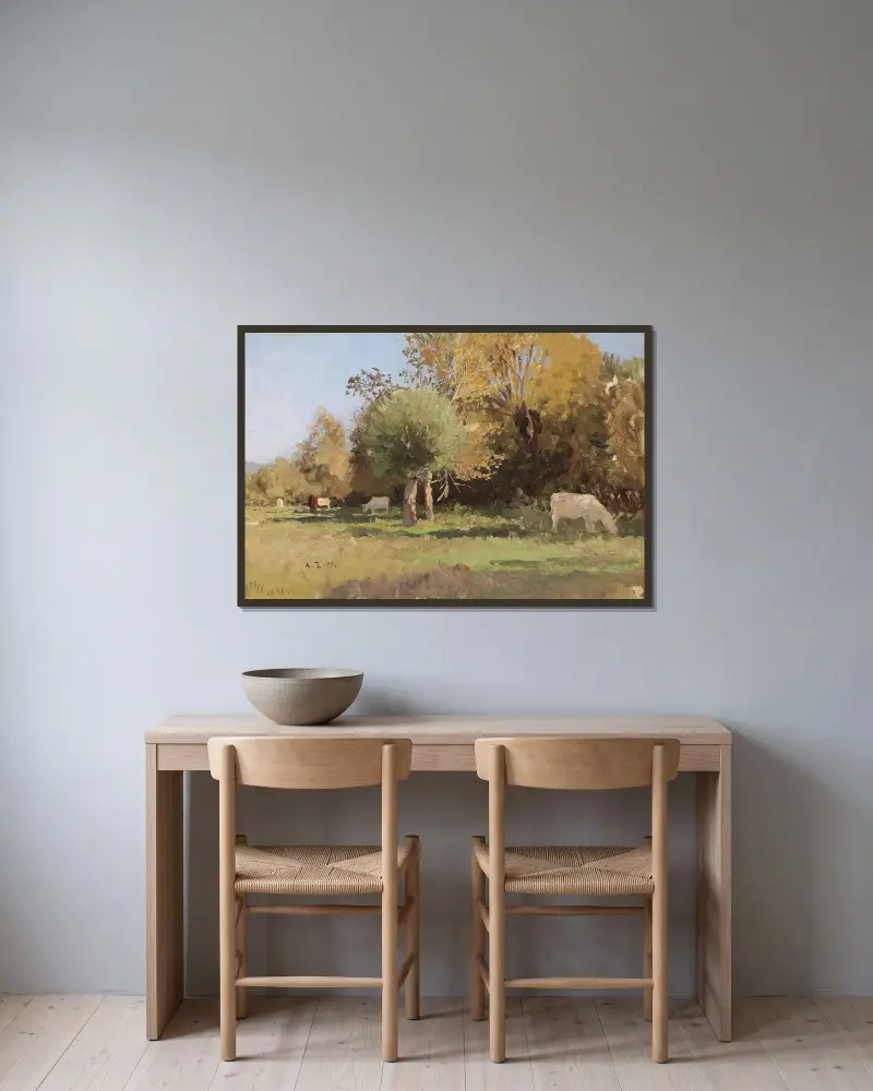 Sommerlandschaft mit Kühen av Alfred Zoff inramad på en vägg