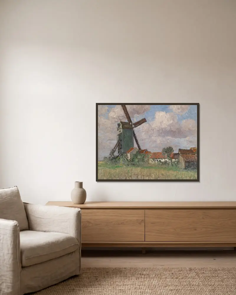 Väderkvarn och by i Belgien av Alfred Zoff inramad på en vägg