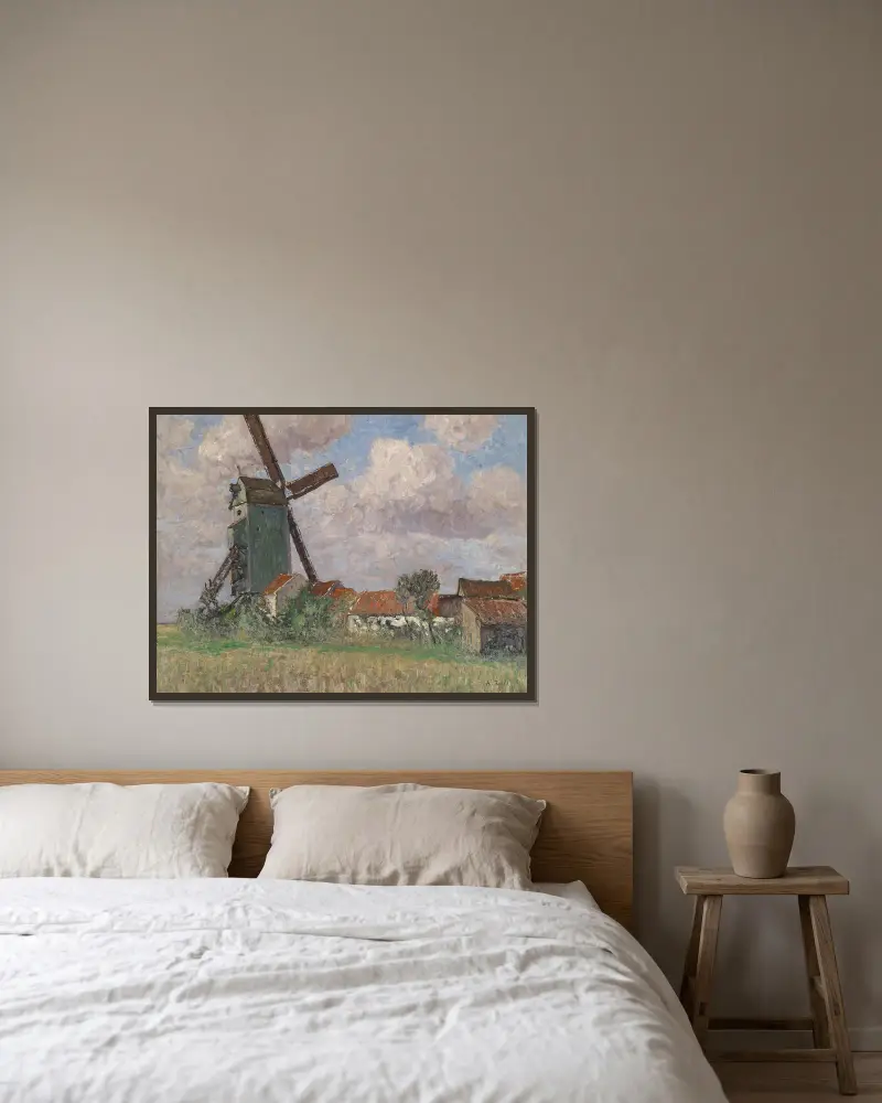 Väderkvarn och by i Belgien av Alfred Zoff inramad på en vägg