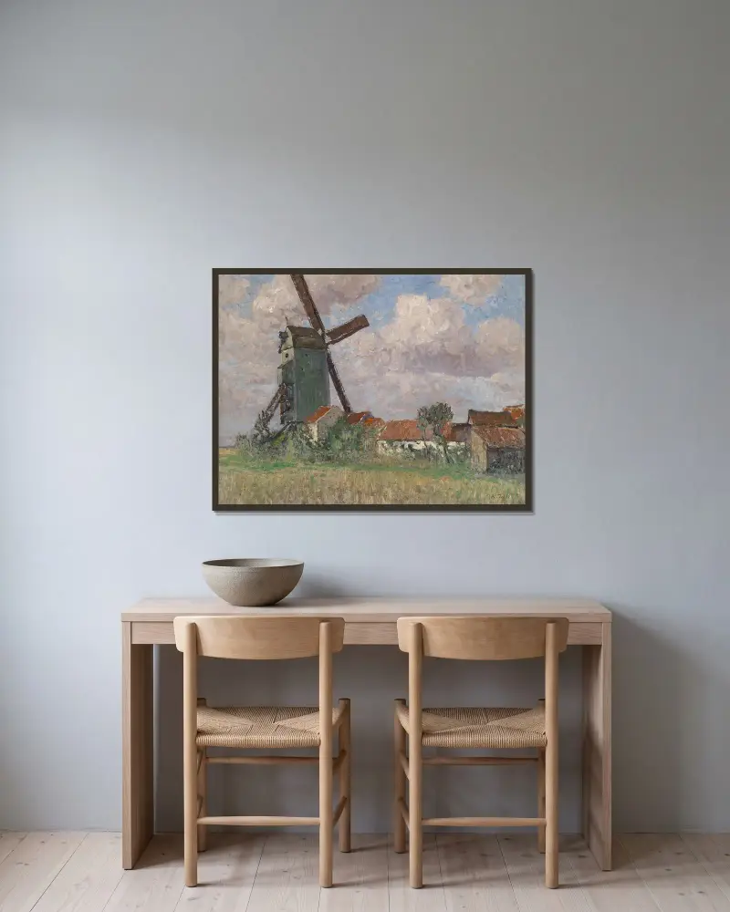 Väderkvarn och by i Belgien av Alfred Zoff inramad på en vägg